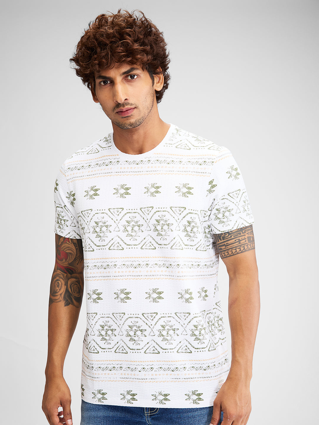 Spykar Men Printed White Slim Fit Half Sleeves T-Shirt