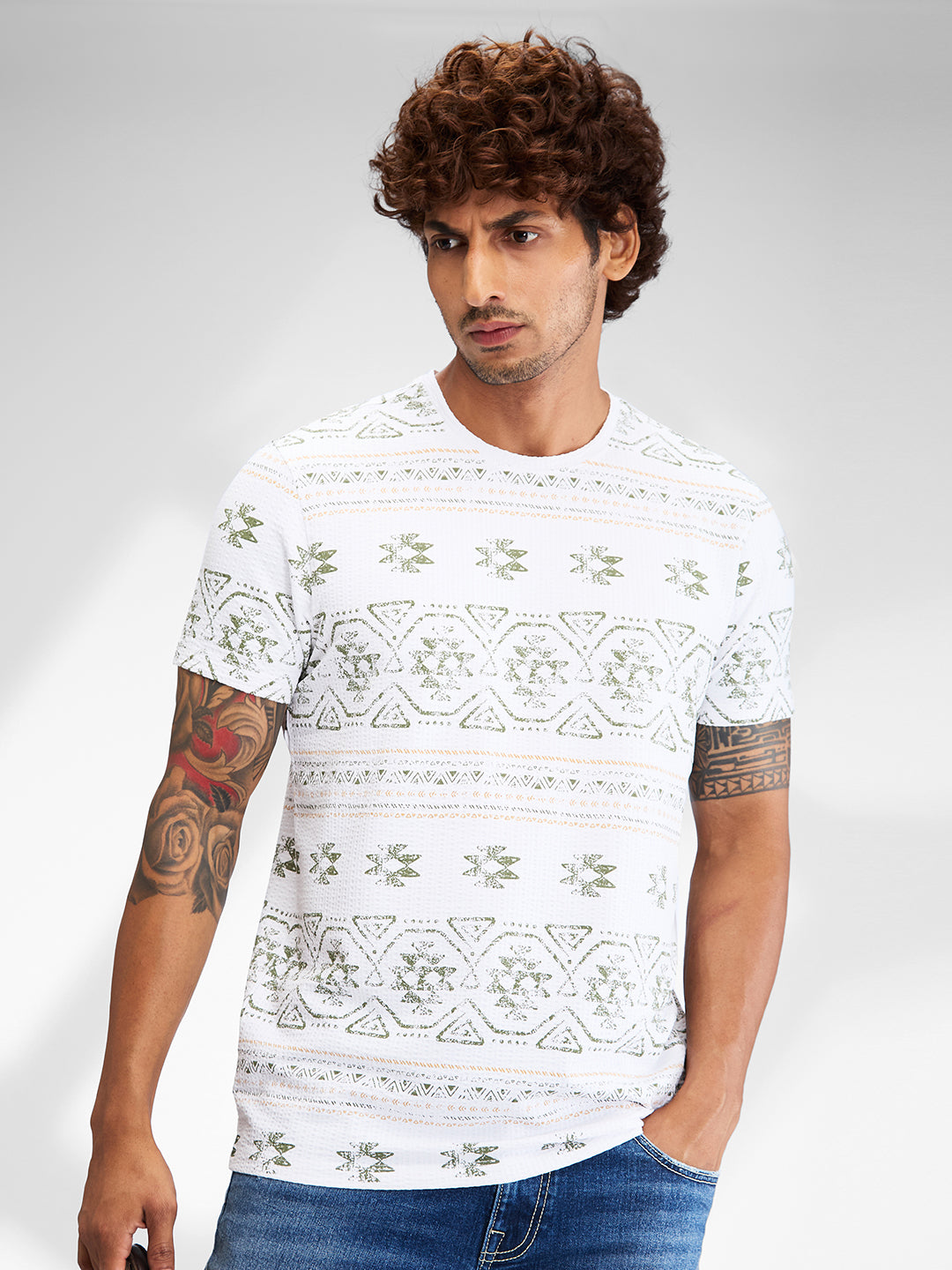 Spykar Men Printed White Slim Fit Half Sleeves T-Shirt