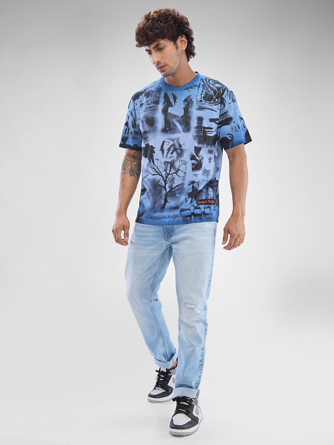 Spykar Coronet Blue Cotton Half Sleeve Tshirt For Men