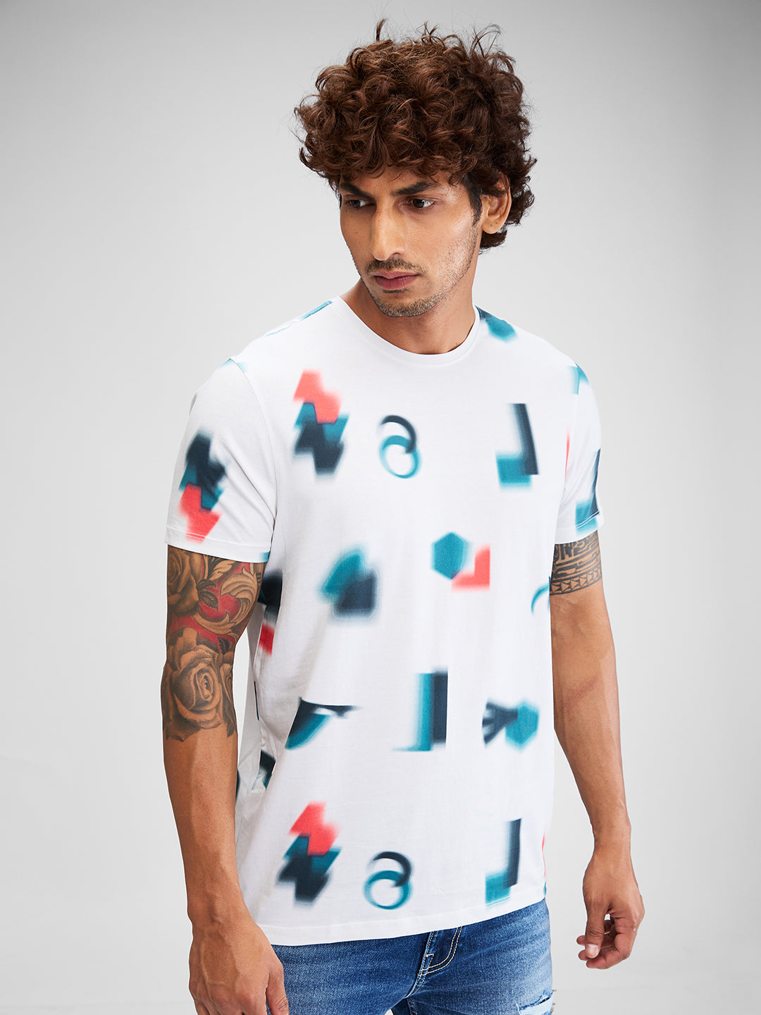 Spykar Men Printed White Slim Fit Half Sleeves T-Shirt