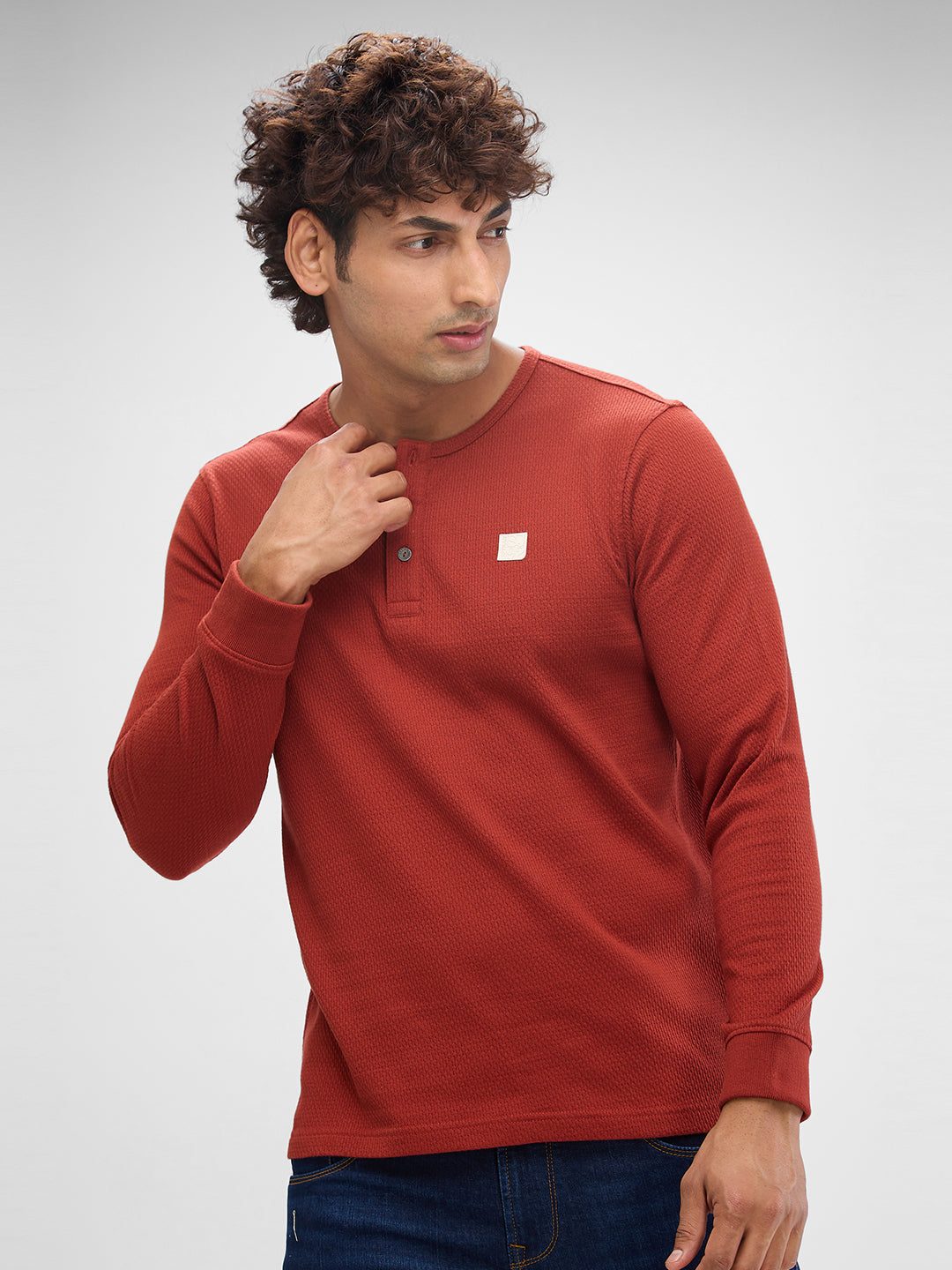 Spykar Brick Red Cotton Poly Full Sleeve  Tshirt For Men