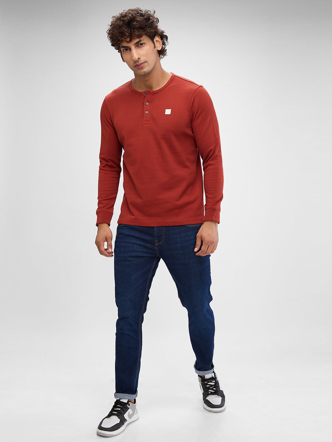 Spykar Brick Red Cotton Poly Full Sleeve  Tshirt For Men