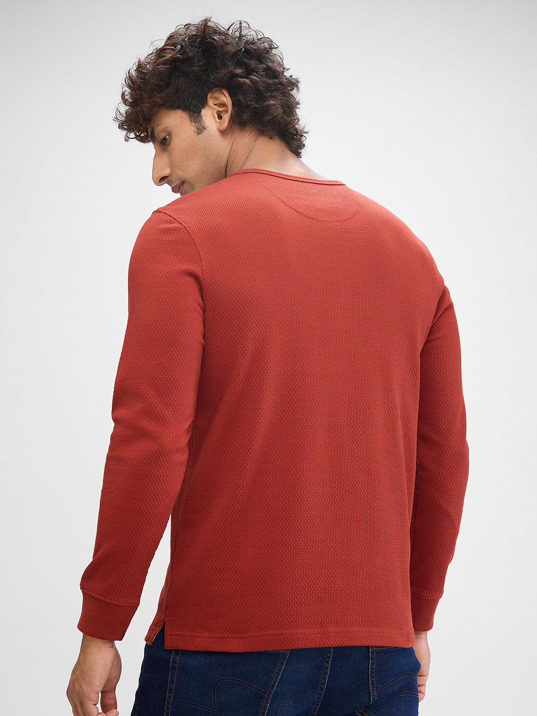 Spykar Brick Red Cotton Poly Full Sleeve  Tshirt For Men