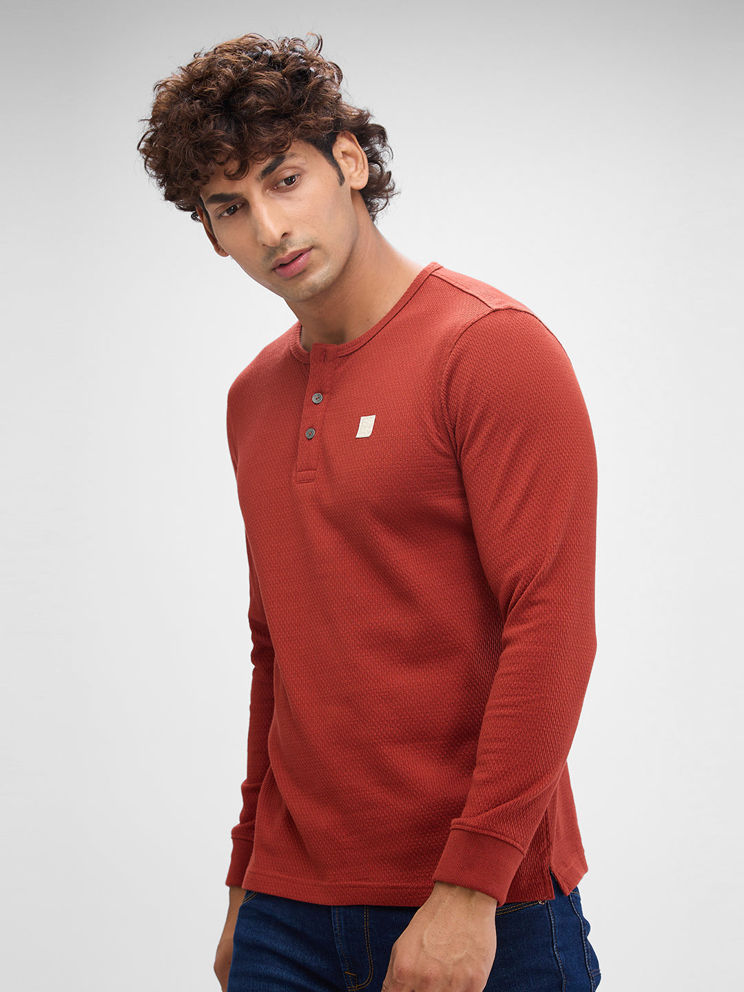 Spykar Brick Red Cotton Poly Full Sleeve  Tshirt For Men