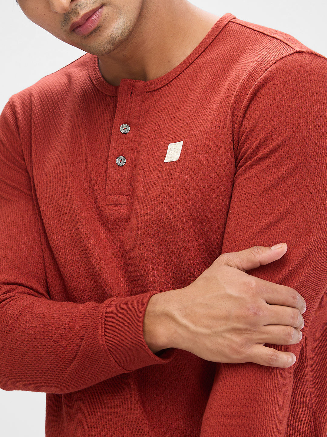 Spykar Brick Red Cotton Poly Full Sleeve  Tshirt For Men