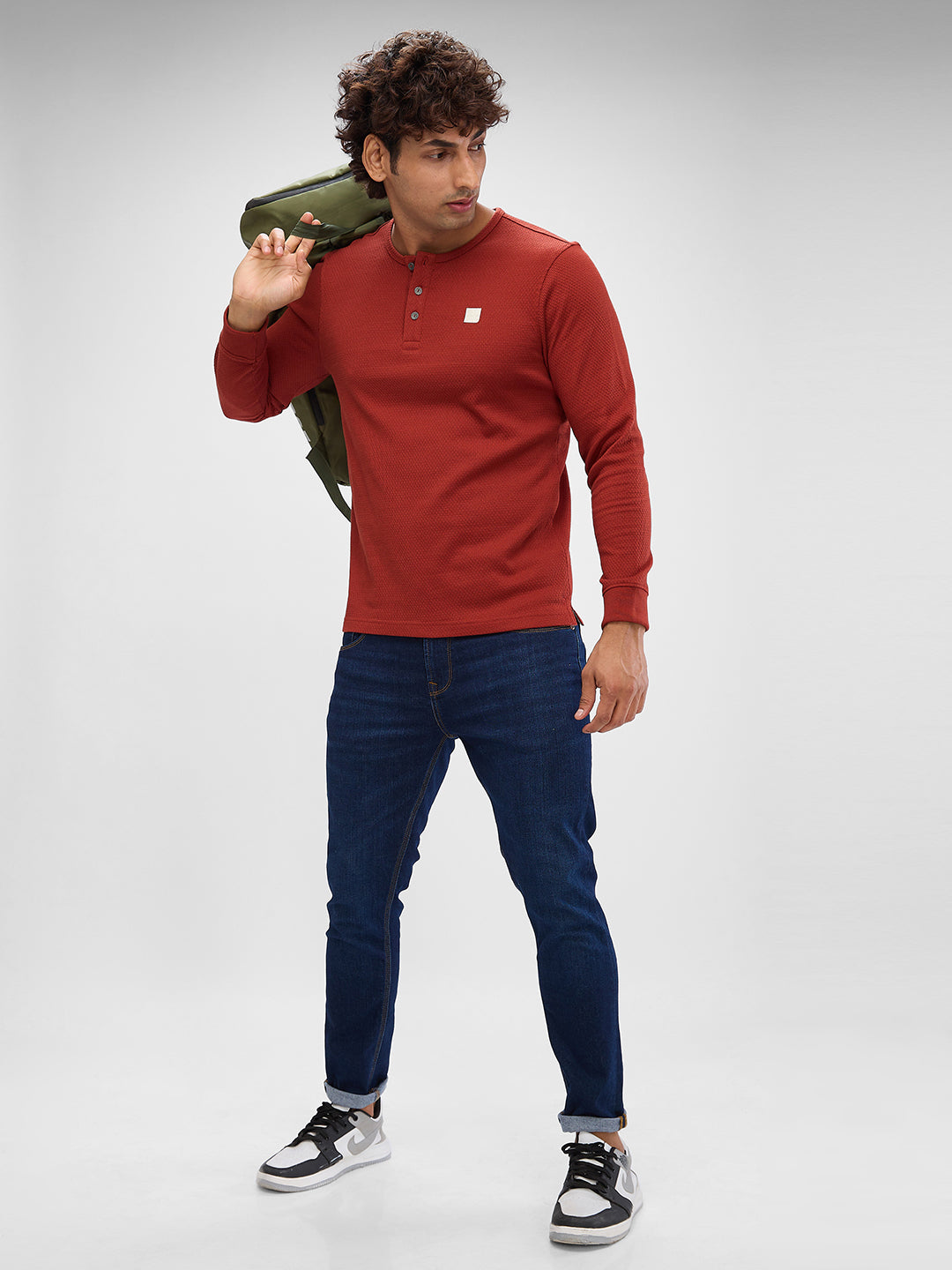 Spykar Brick Red Cotton Poly Full Sleeve  Tshirt For Men