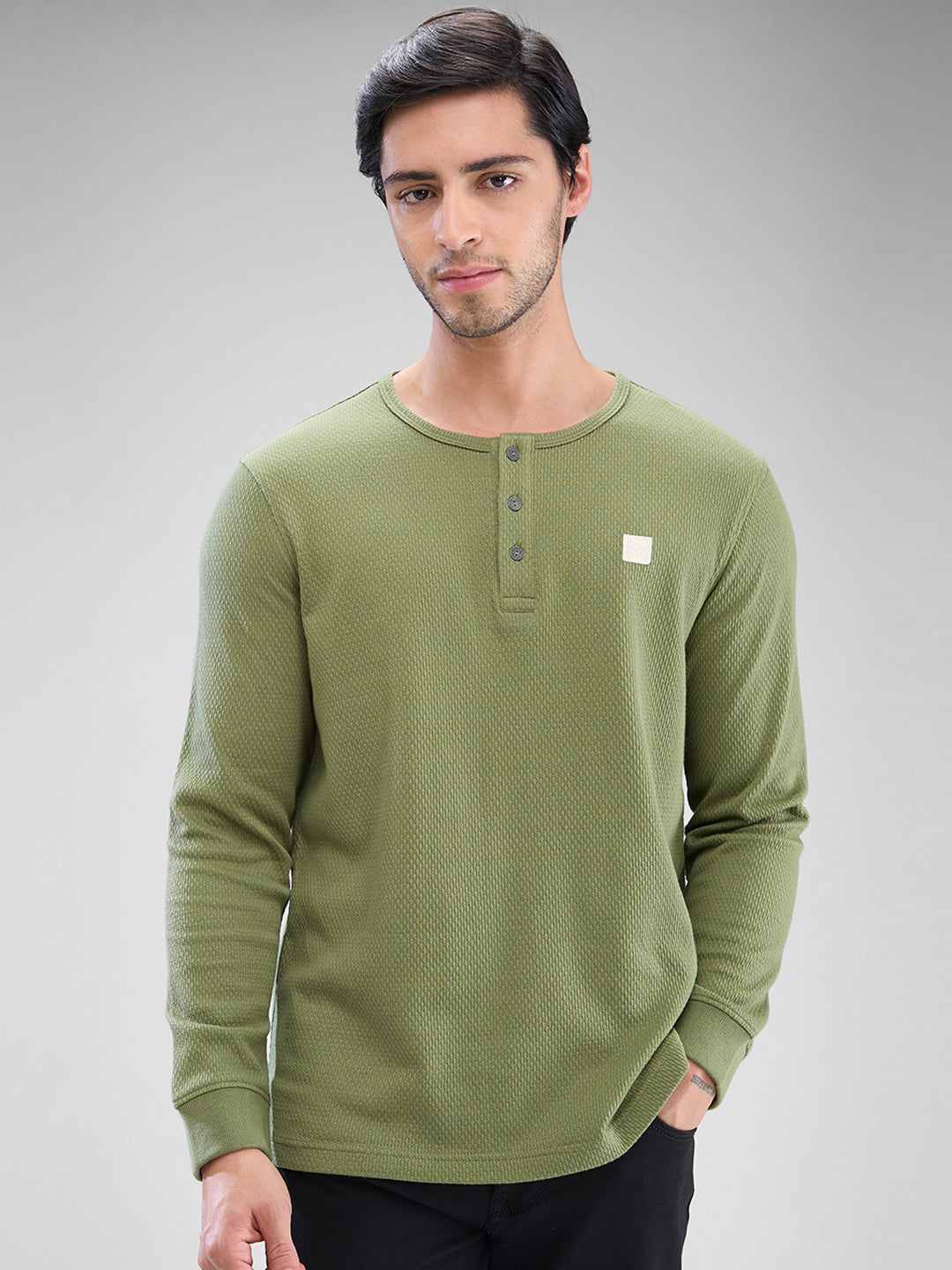 Spykar Sage Green Cotton Poly Full Sleeve  Tshirt For Men