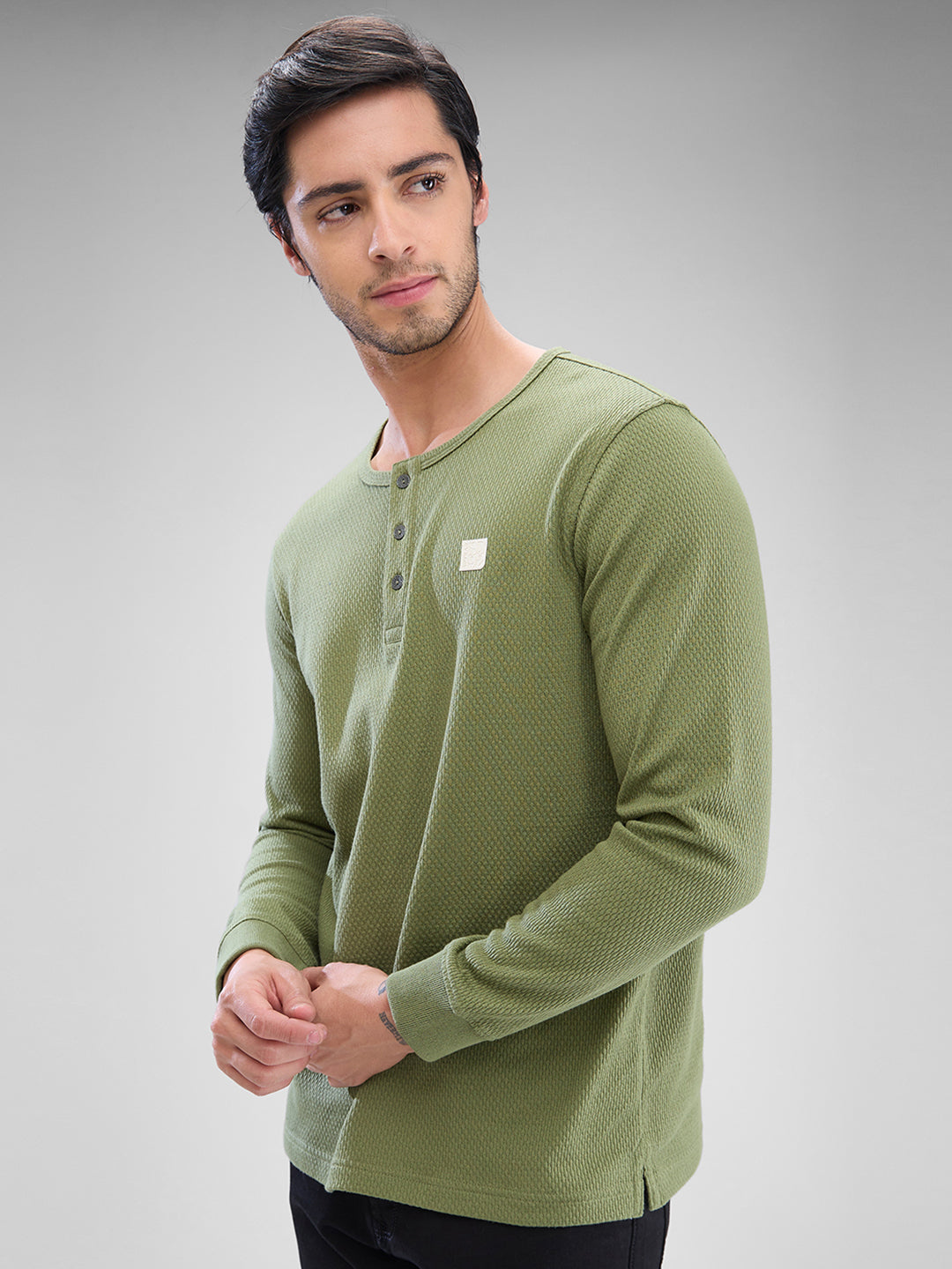 Spykar Sage Green Cotton Poly Full Sleeve  Tshirt For Men