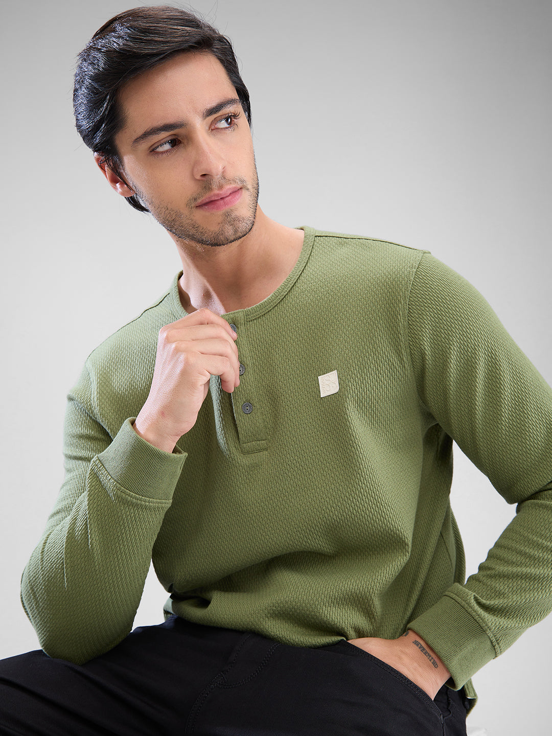 Spykar Sage Green Cotton Poly Full Sleeve  Tshirt For Men