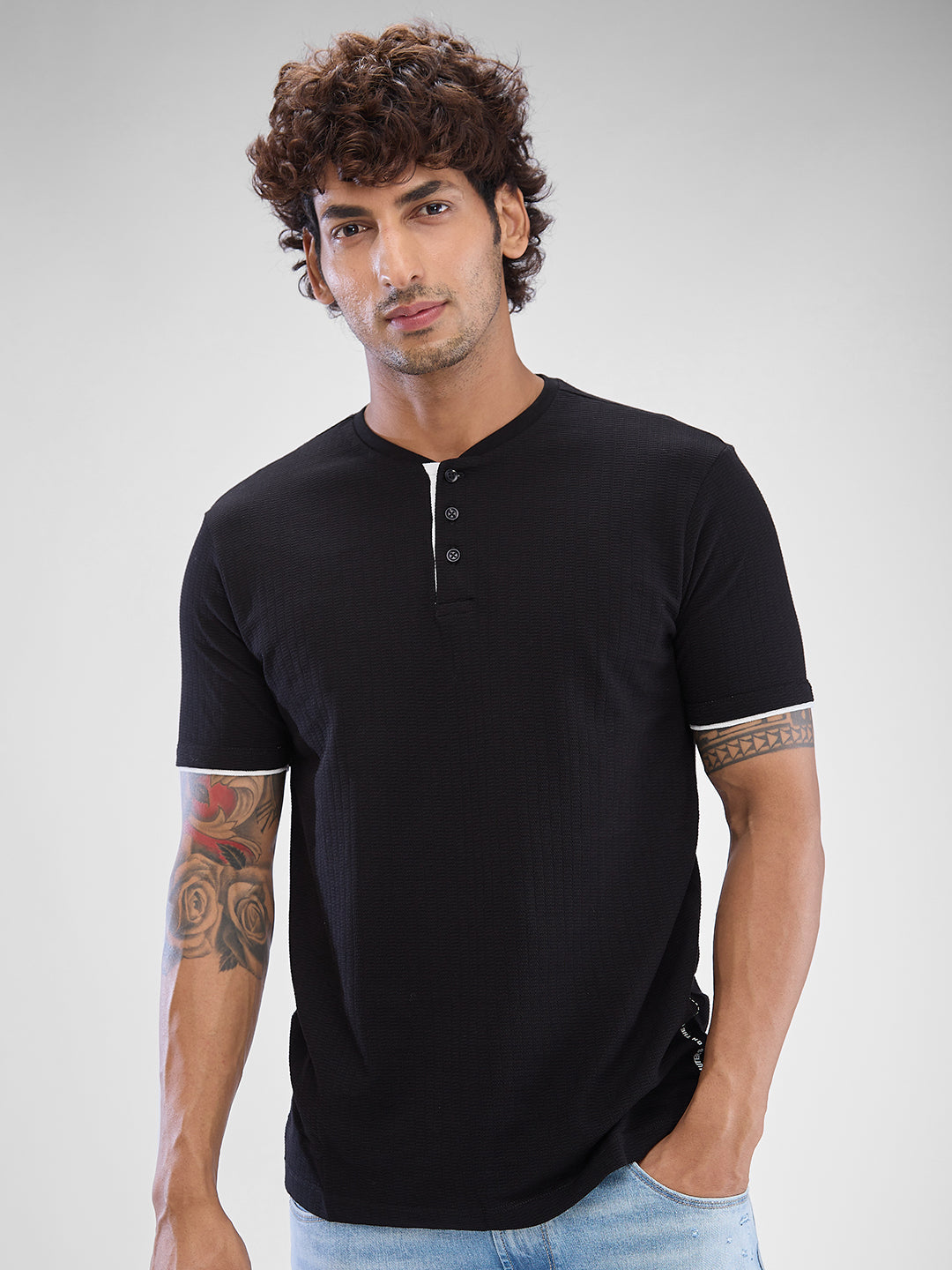 Spykar Black Cotton Half Sleeve  Tshirt For Men