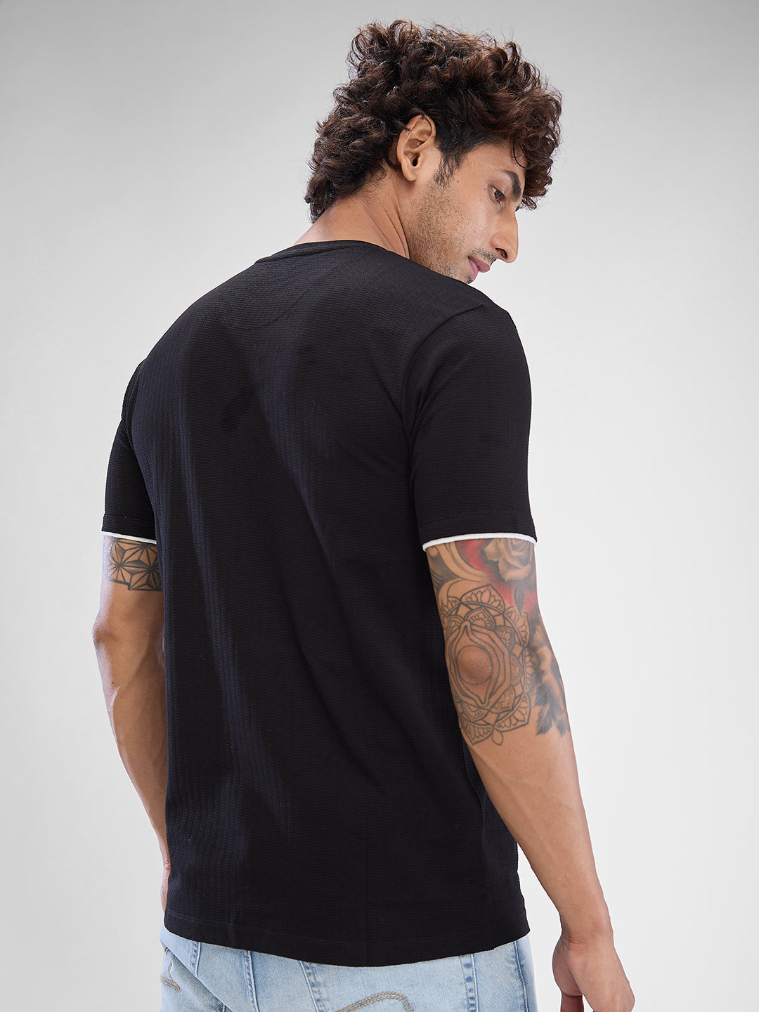 Spykar Black Cotton Half Sleeve  Tshirt For Men