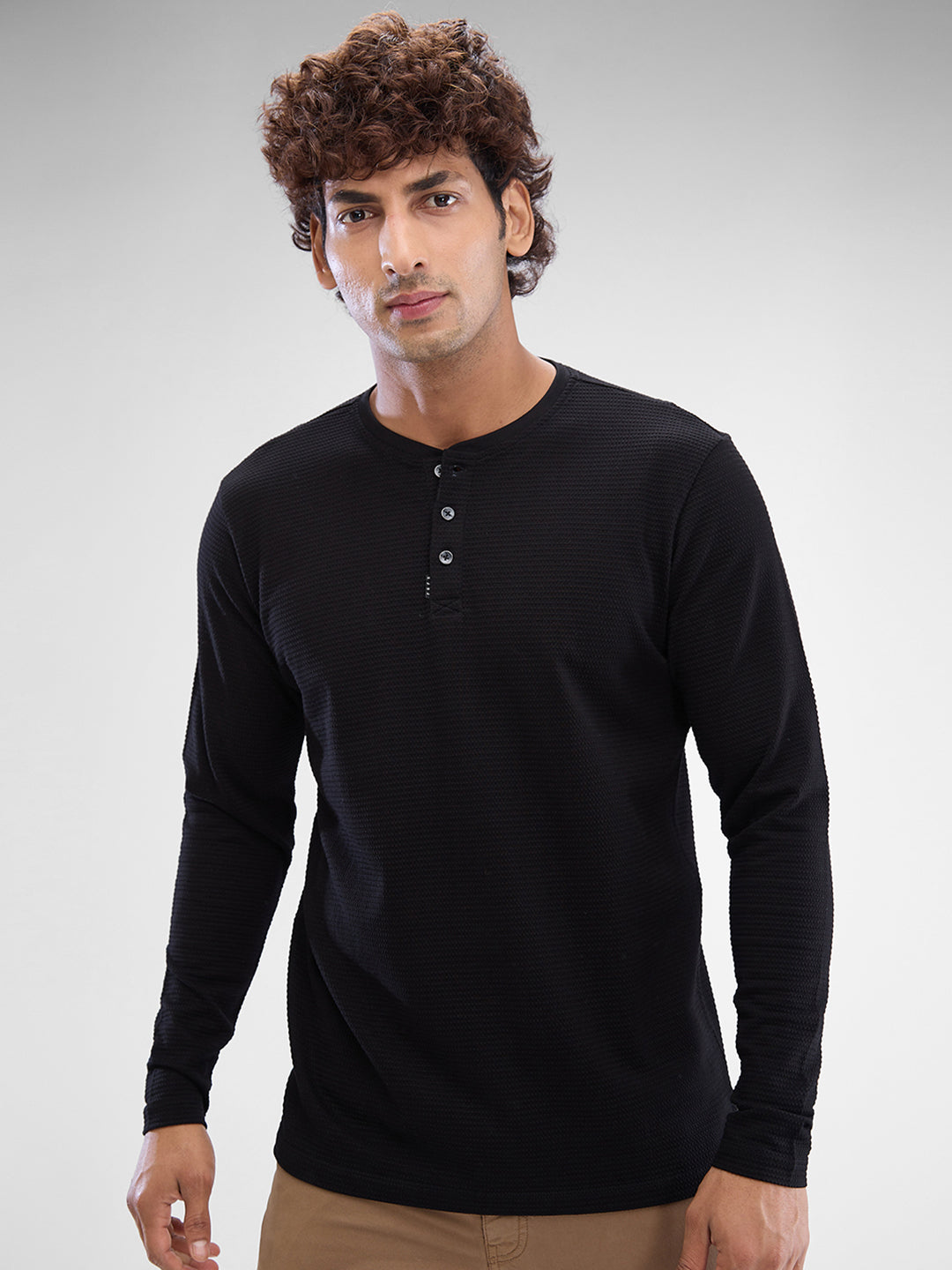 Spykar Black Cotton Poly Full Sleeve T-shirt For Men