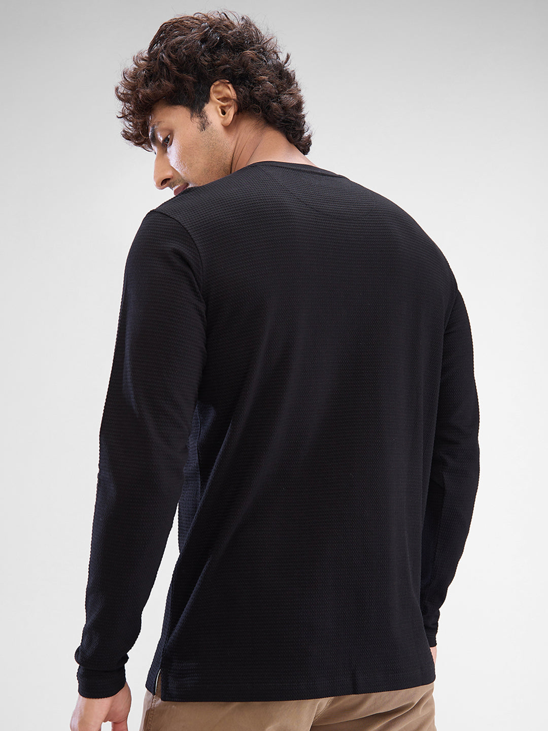 Spykar Black Cotton Poly Full Sleeve T-shirt For Men