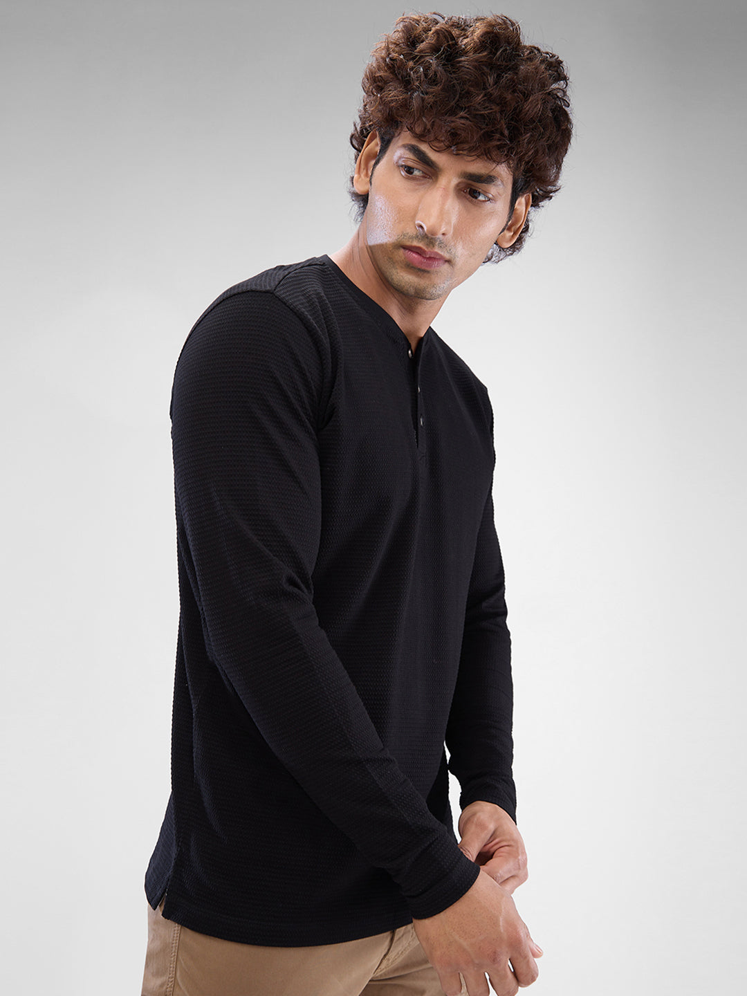 Spykar Black Cotton Poly Full Sleeve T-shirt For Men