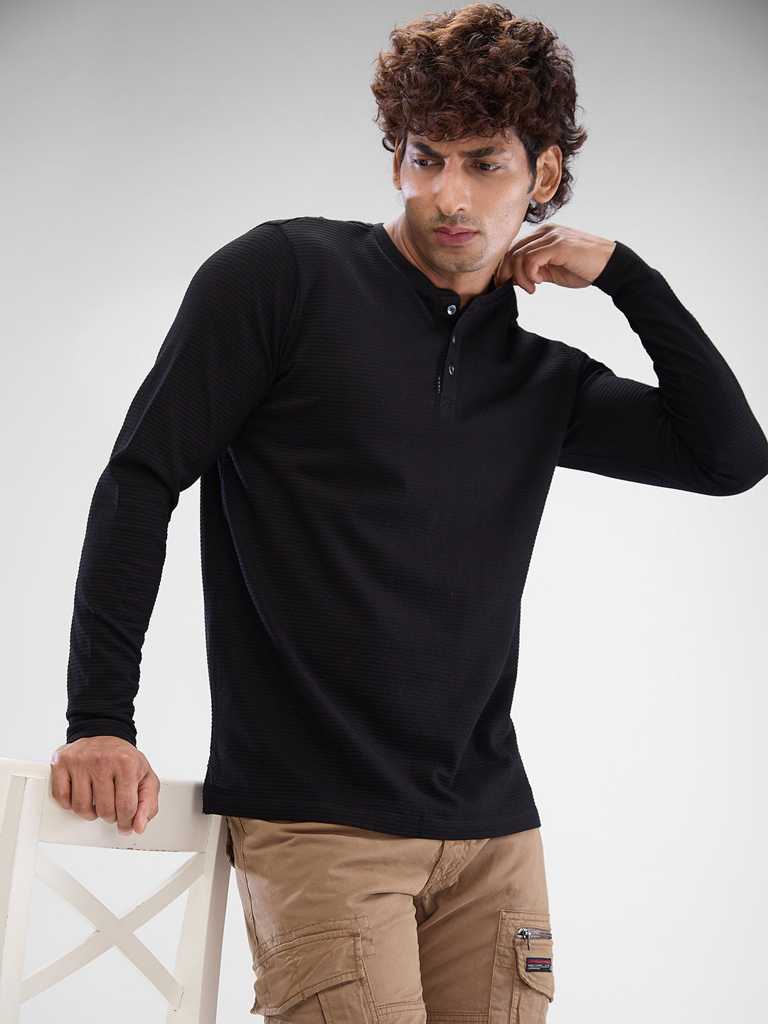 Spykar Black Cotton Poly Full Sleeve T-shirt For Men