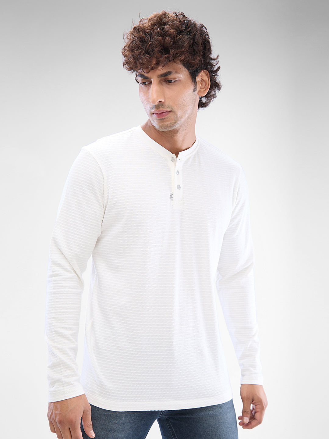 Spykar White Cotton Poly Full Sleeve T-shirt For Men