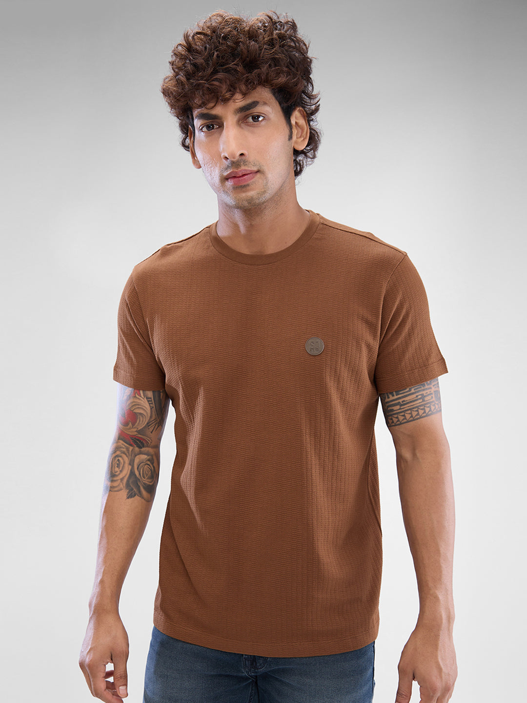 Spykar Bison Brown Cotton Poly Half Sleeve T-shirt For Men