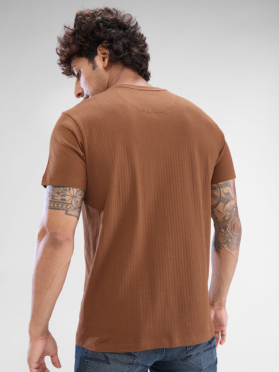 Spykar Bison Brown Cotton Poly Half Sleeve T-shirt For Men