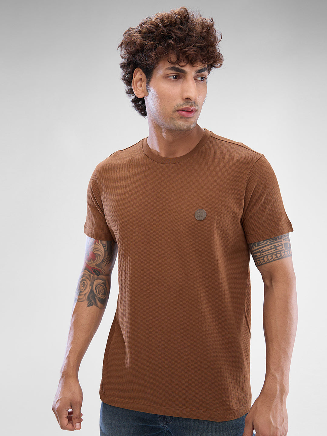 Spykar Bison Brown Cotton Poly Half Sleeve T-shirt For Men