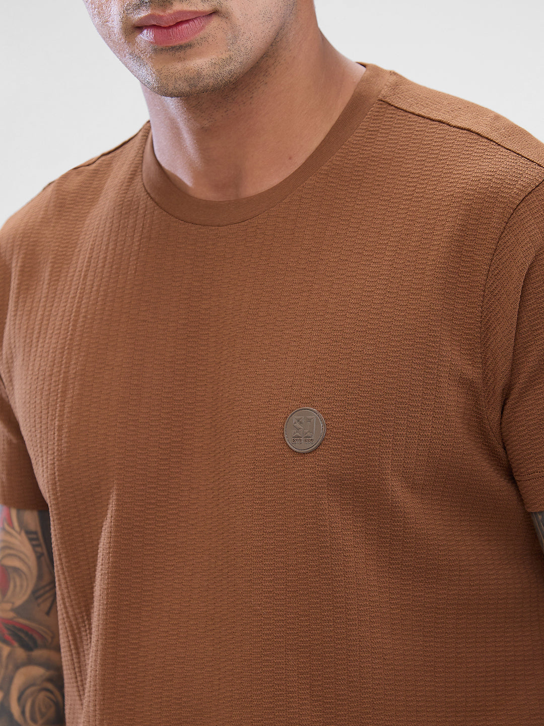 Spykar Bison Brown Cotton Poly Half Sleeve T-shirt For Men