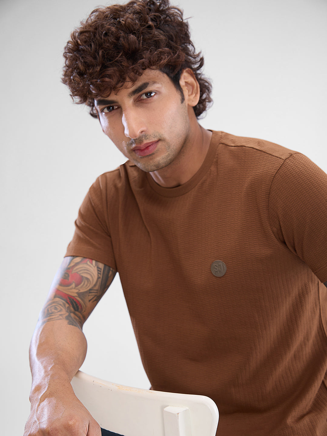 Spykar Bison Brown Cotton Poly Half Sleeve T-shirt For Men