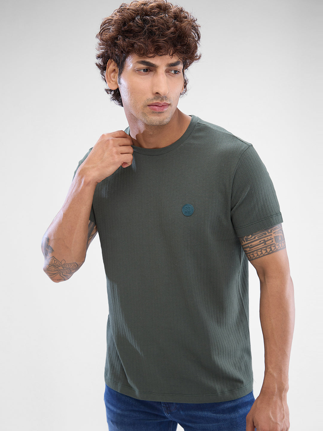 Spykar Cilantro Green Cotton Poly Half Sleeve T-shirt For Men