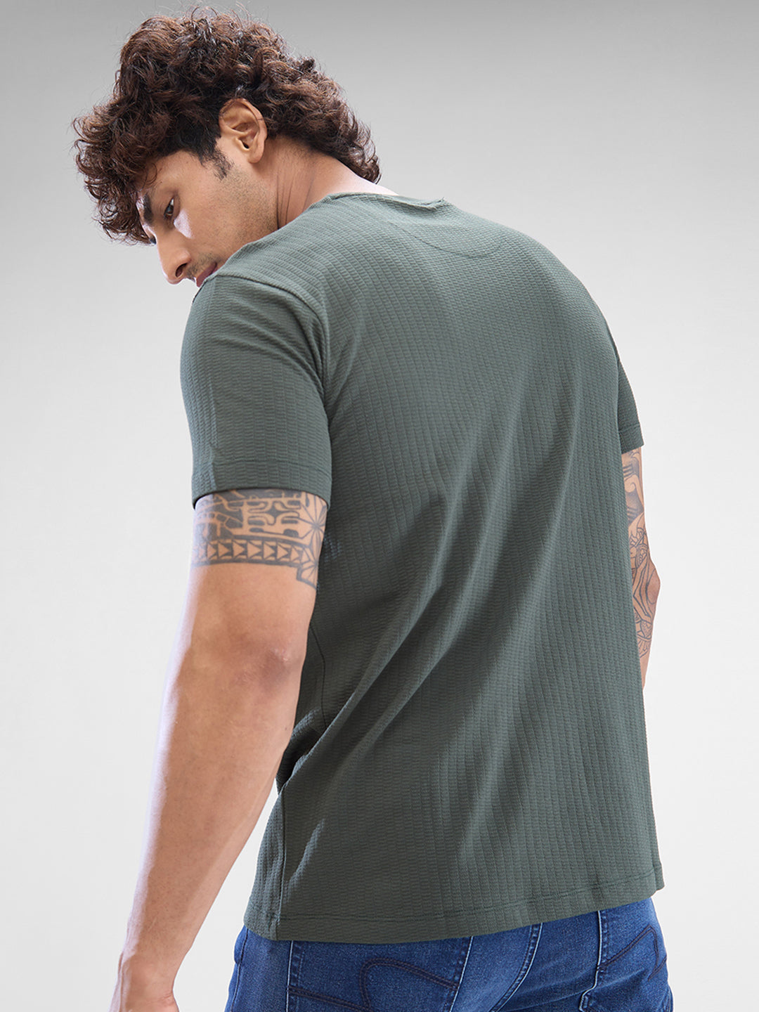 Spykar Cilantro Green Cotton Poly Half Sleeve T-shirt For Men