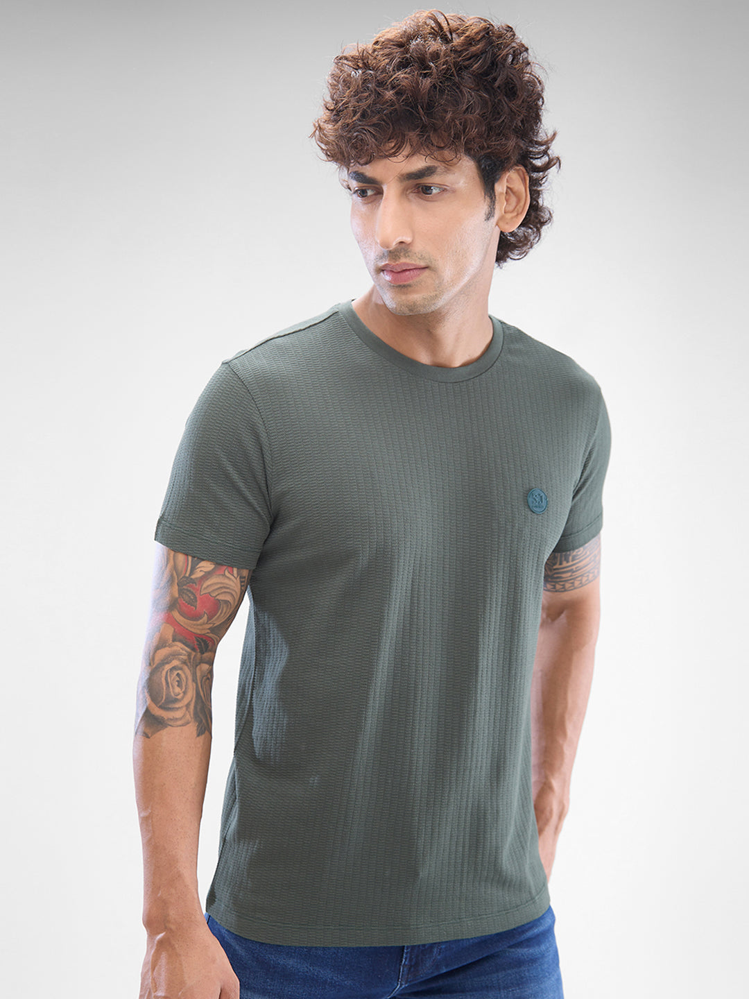 Spykar Cilantro Green Cotton Poly Half Sleeve T-shirt For Men