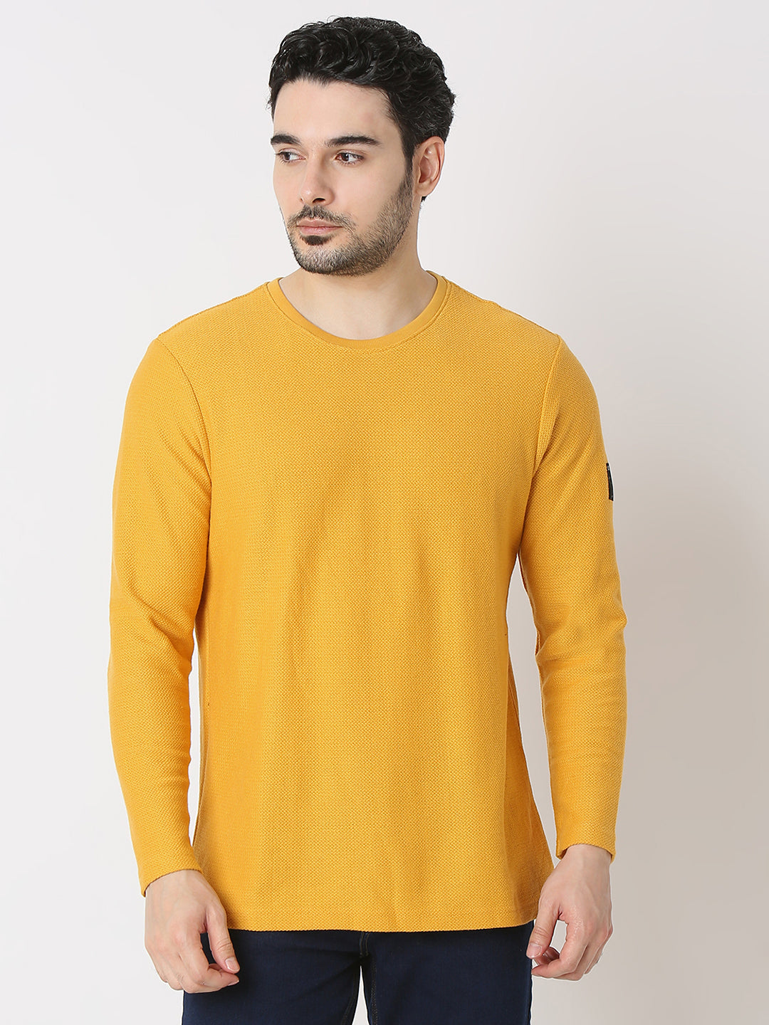 Men T-Shirt Solid Yellow Slim Fit