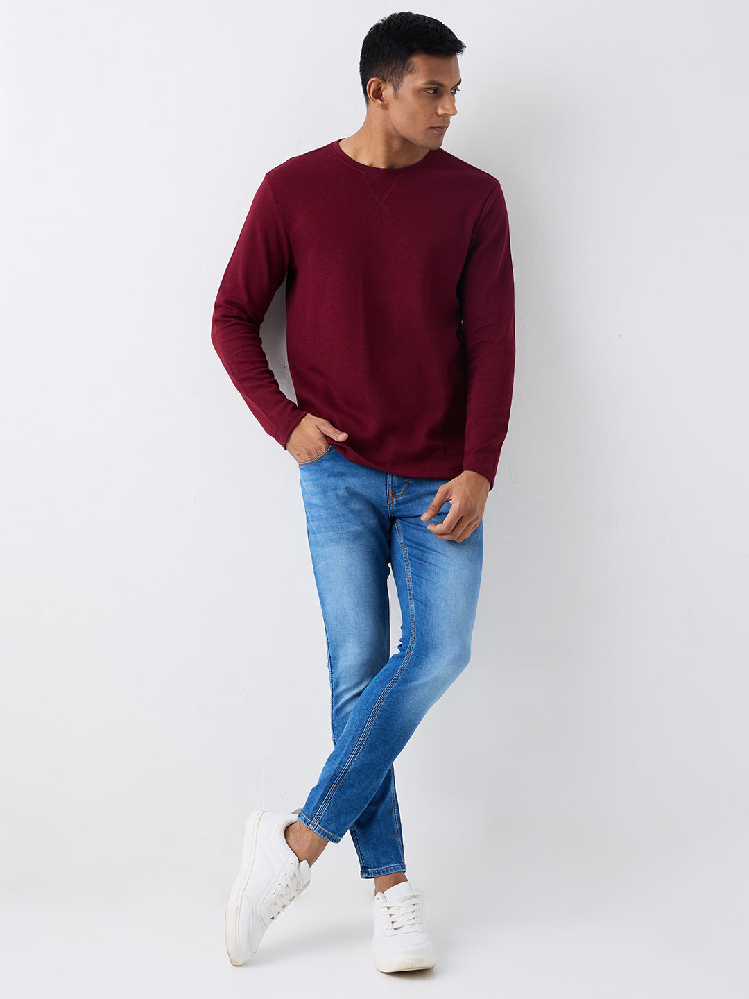Spykar Wine Red Slim Fit Casual T-Shirts For Men