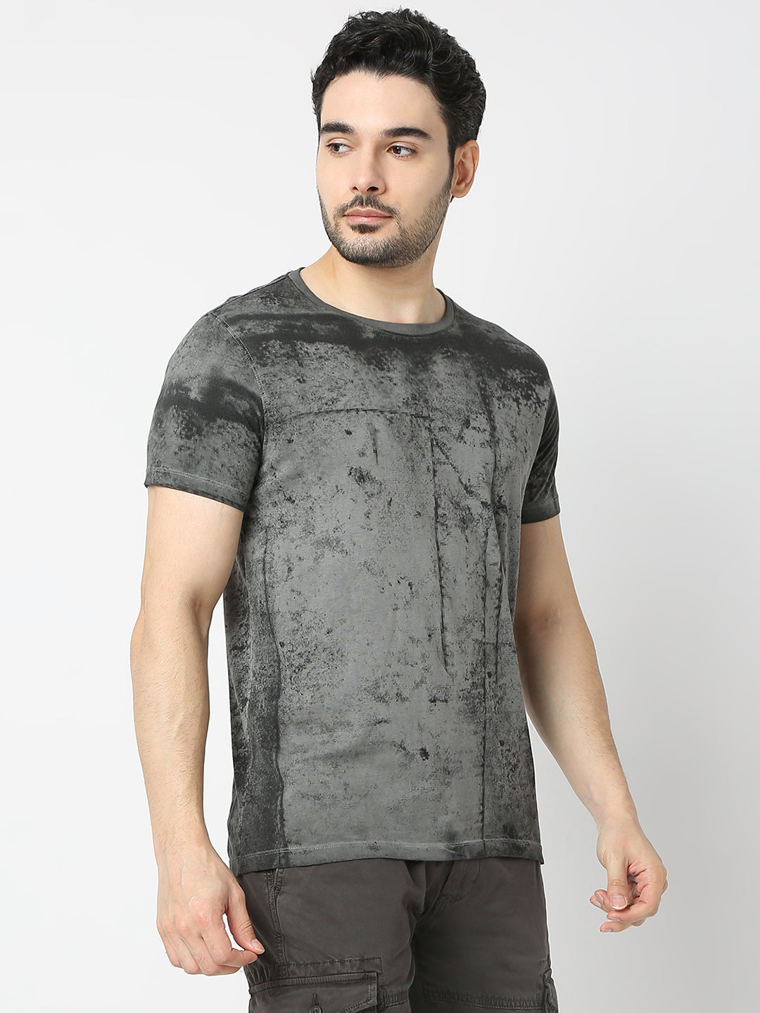 Spykar Cement Grey Cotton Half Sleeve T-shirt For Men