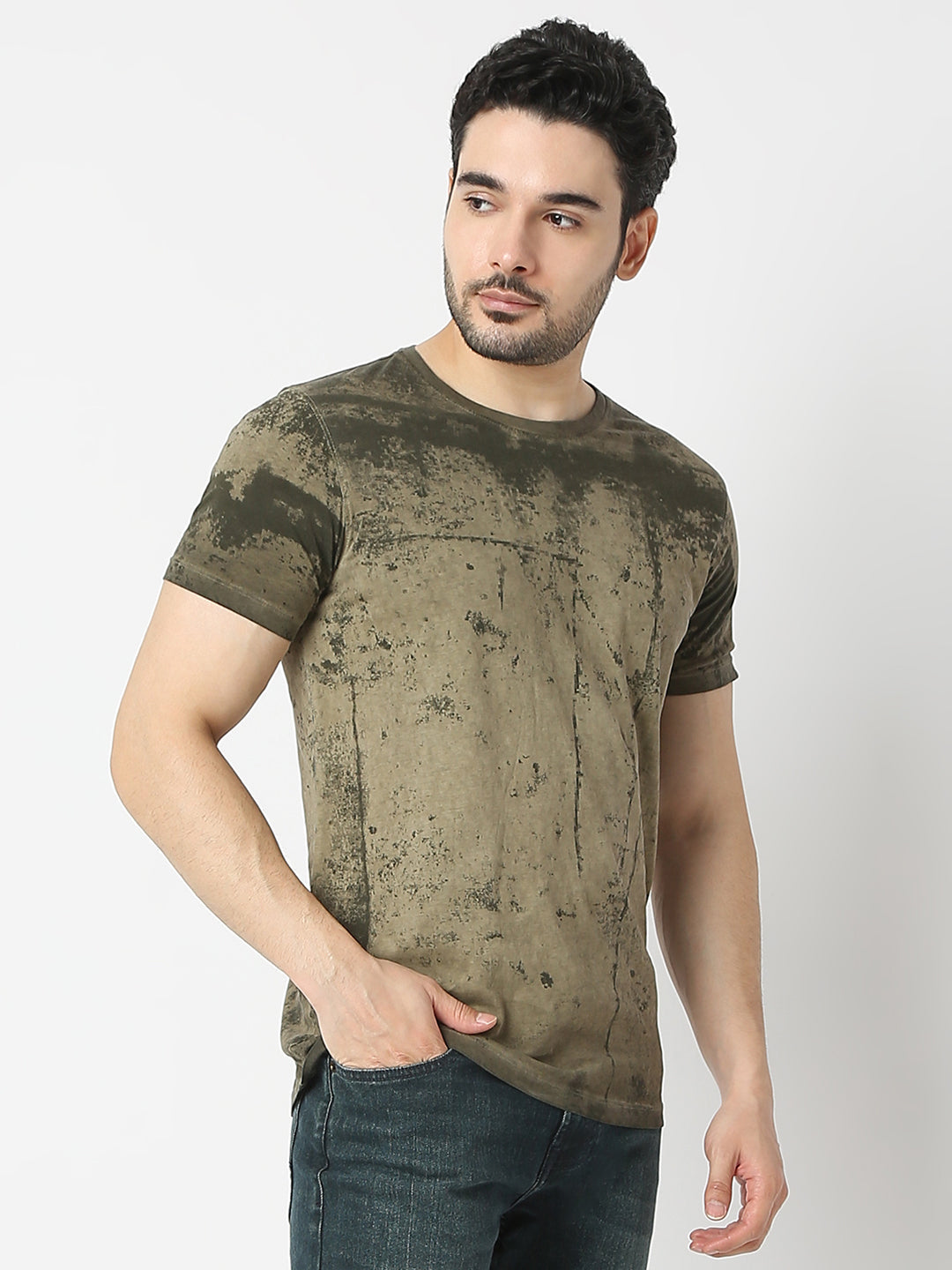 Spykar Rifle Green Cotton Half Sleeve T-shirt For Men