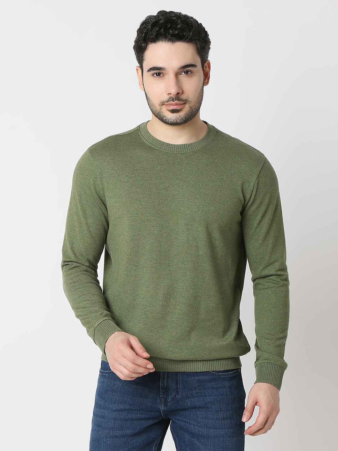 Spykar Olive_Melange Cotton Poly Slim Fit T-Shirts For Men