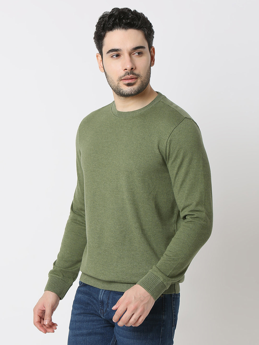 Spykar Olive_Melange Cotton Poly Slim Fit T-Shirts For Men