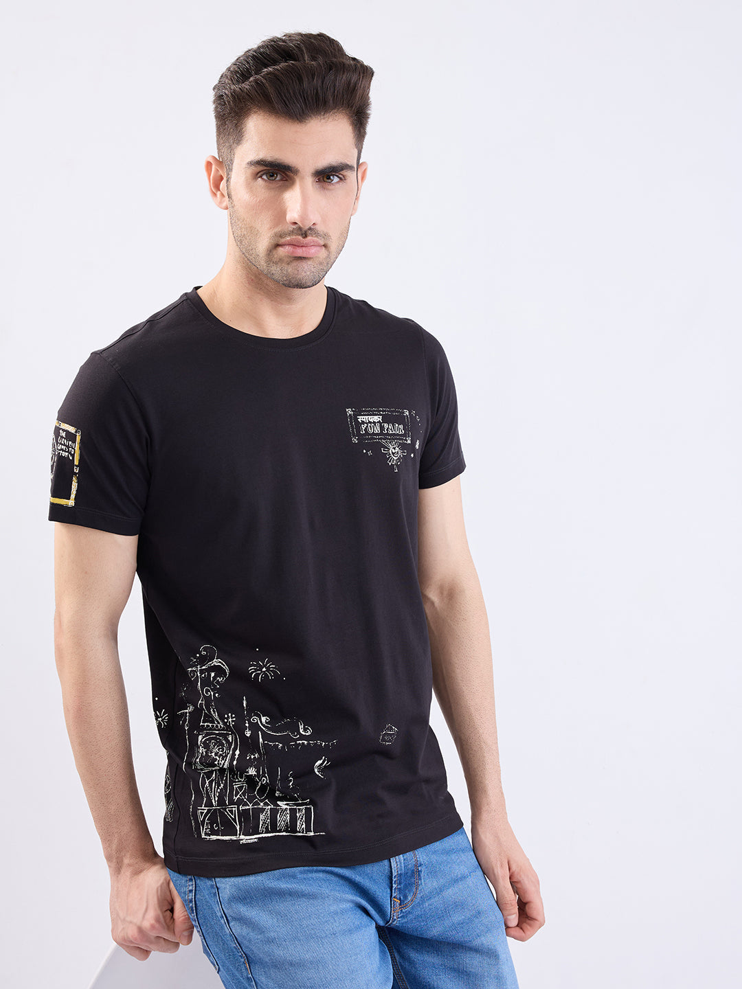 Spykar Black Slim Fit Casual T-Shirt For Men