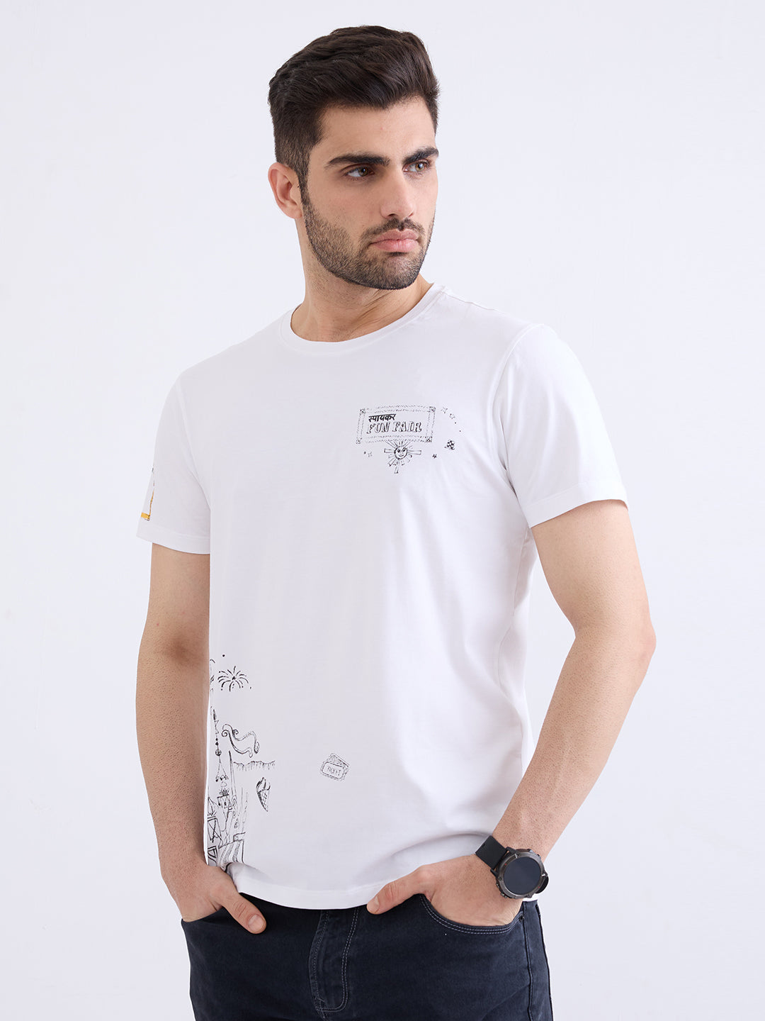Spykar White Slim Fit Casual T-Shirt For Men