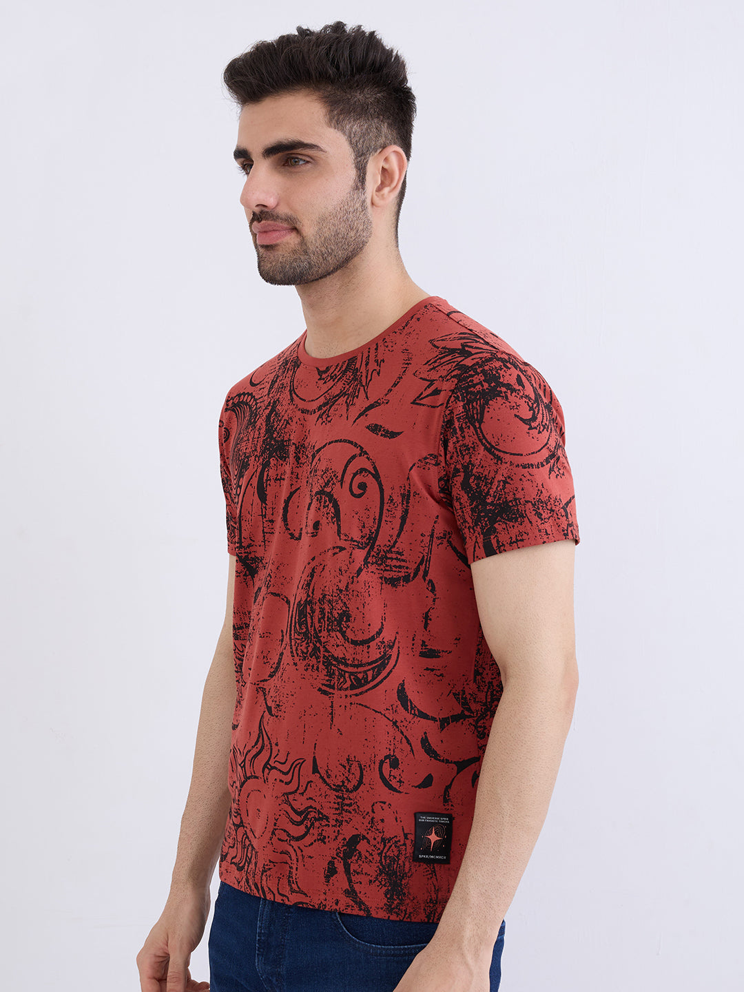 Spykar Brick Red Slim Fit Casual T-Shirt For Men