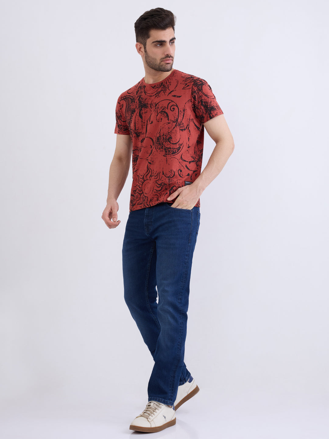 Spykar Brick Red Slim Fit Casual T-Shirt For Men