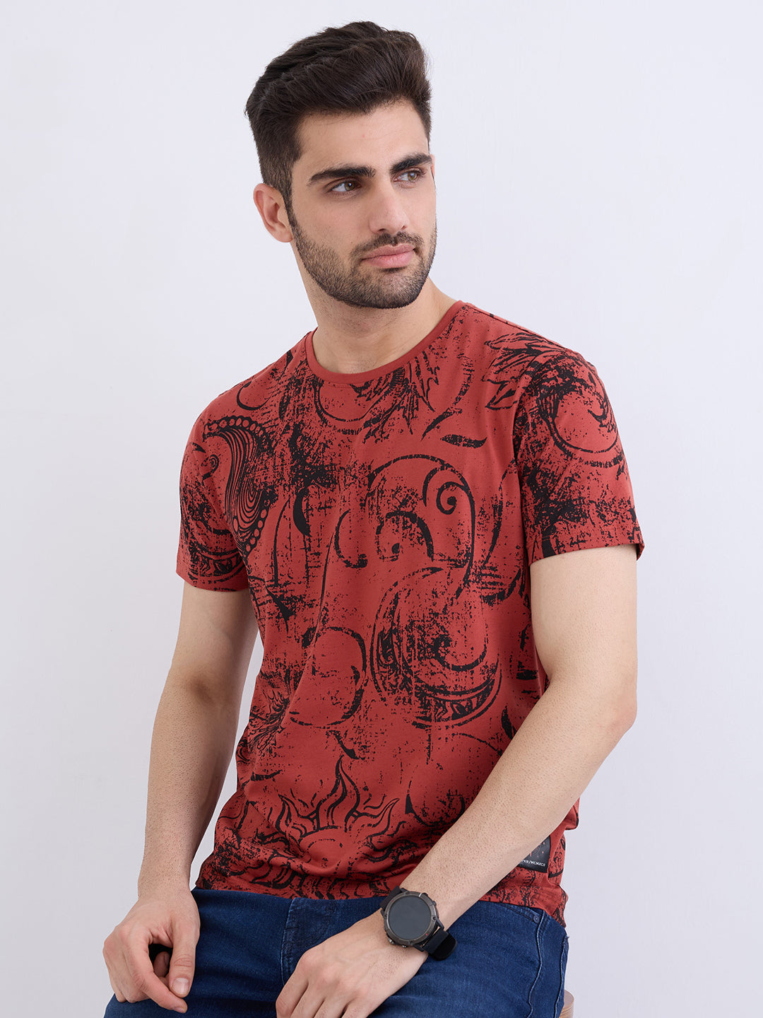 Spykar Brick Red Slim Fit Casual T-Shirt For Men