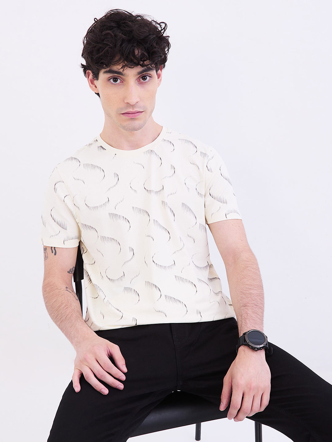 Spykar Off White Slim Fit Casual T-Shirt For Men