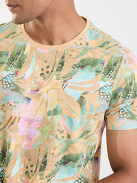 Men T-Shirt Beige Slim Fit