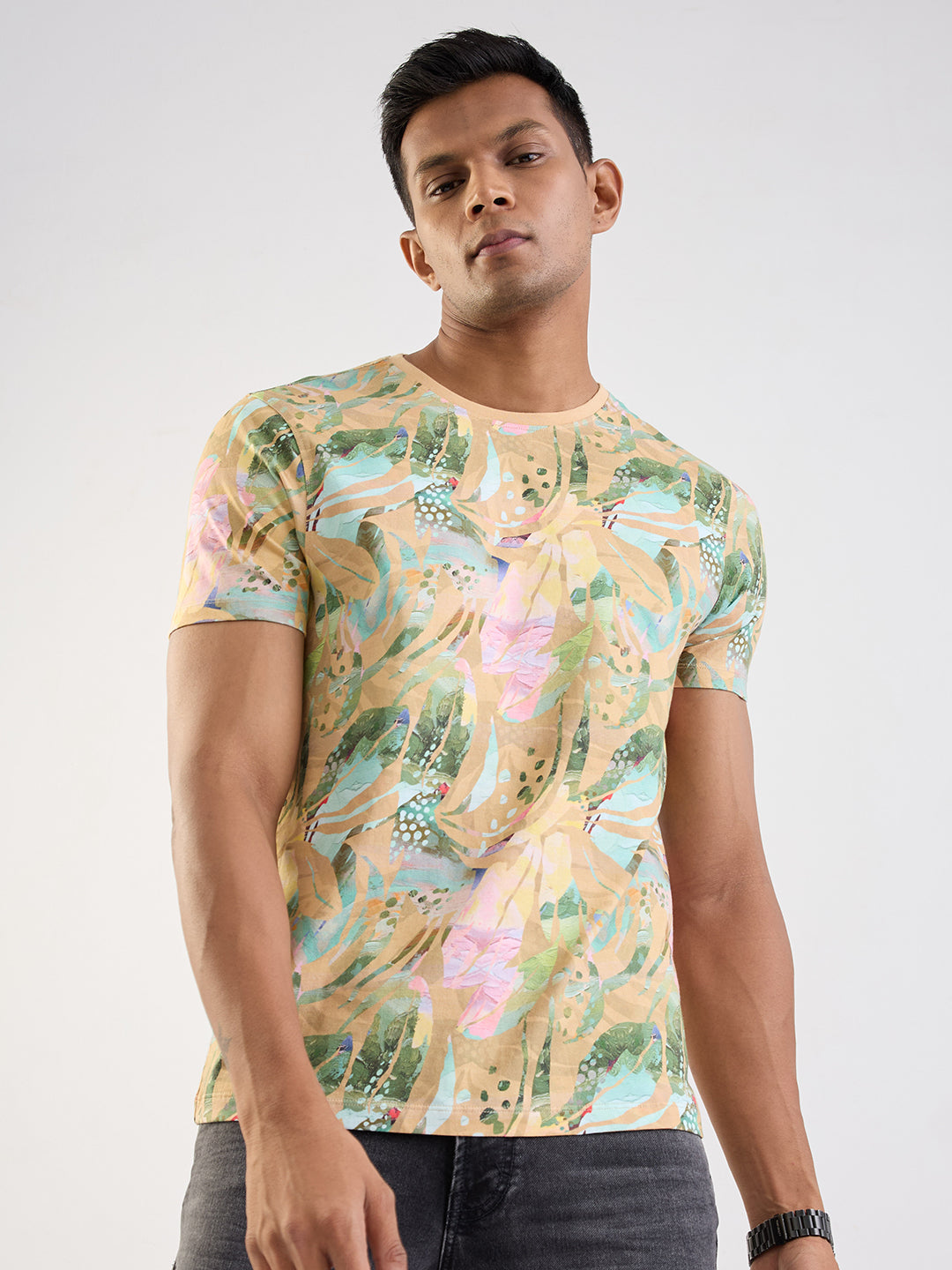 Spykar Taupe Beige Slim Fit Casual T-Shirt For Men