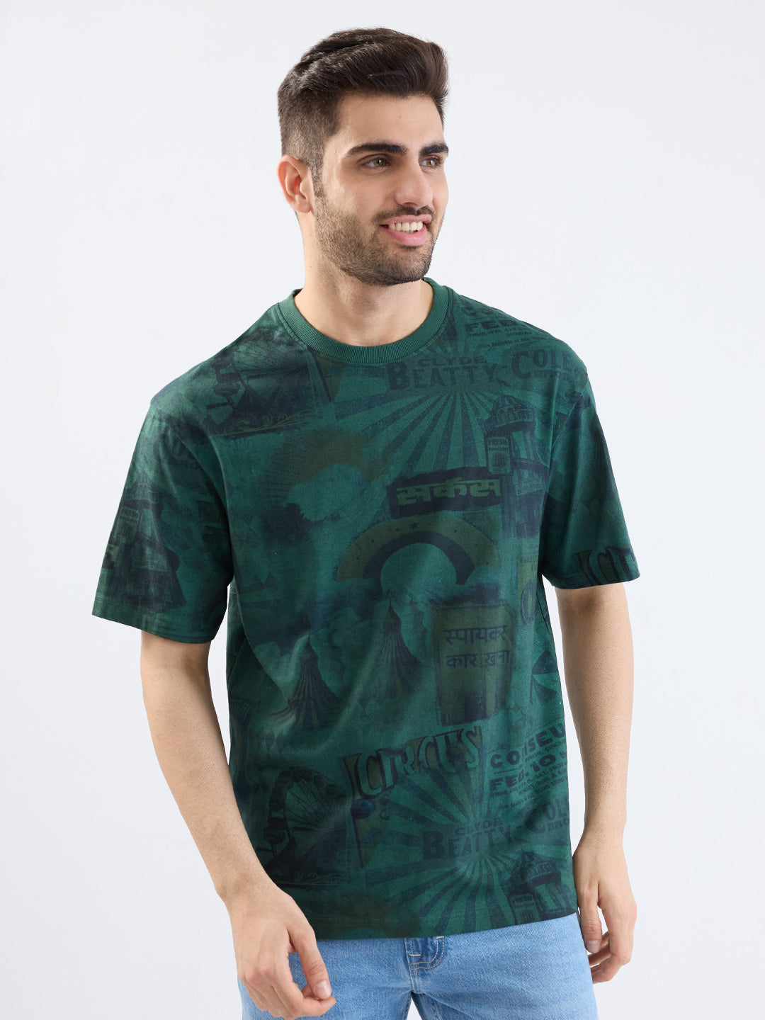 Spykar Botanical Green Comfort Fit Casual T-Shirt For Men