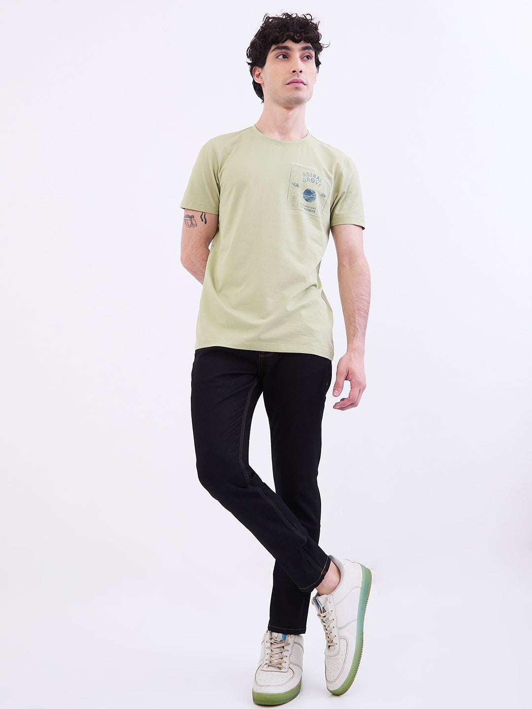 Spykar Lint Green Slim Fit Casual T-Shirt For Men