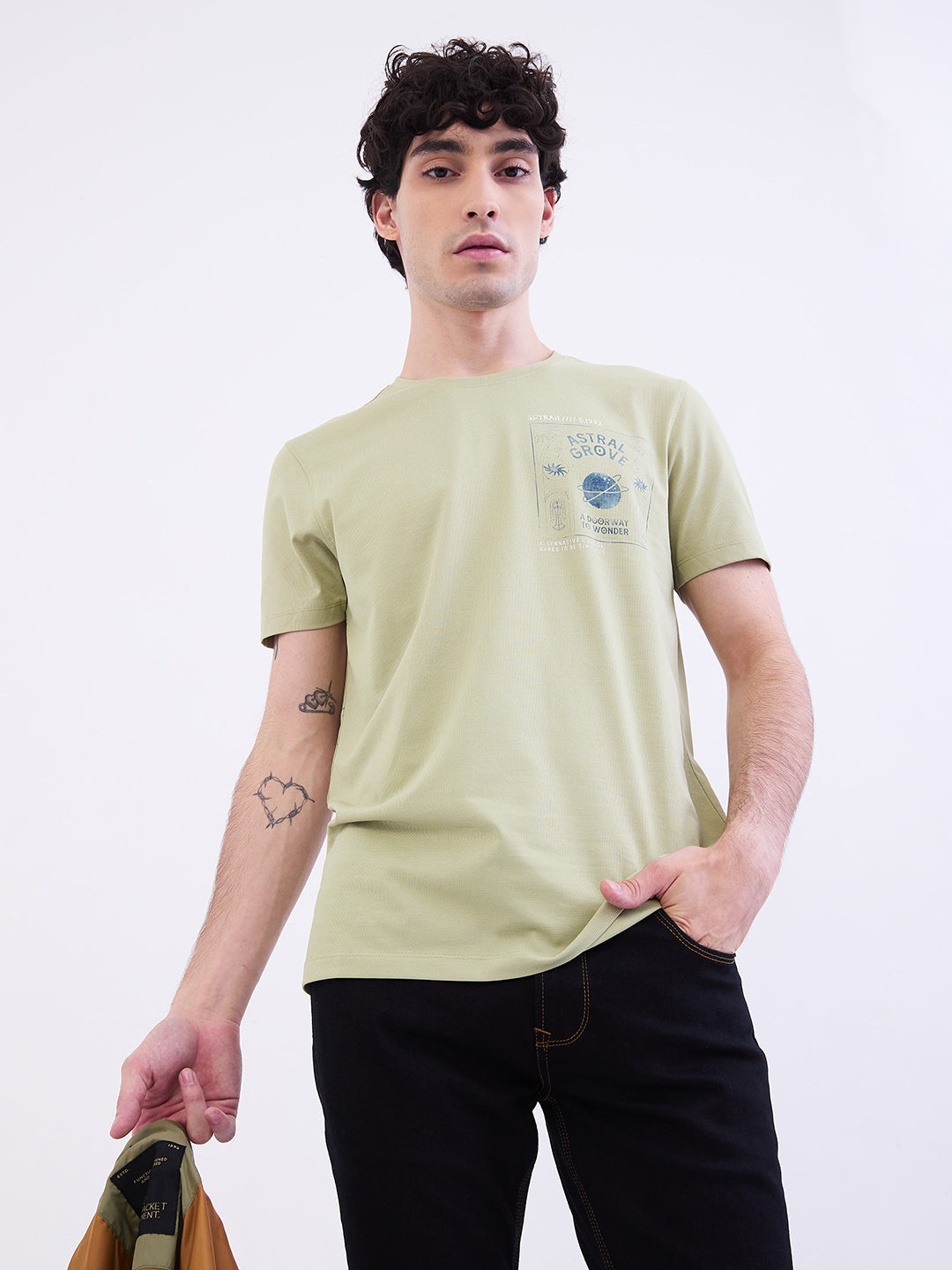 Spykar Lint Green Slim Fit Casual T-Shirt For Men