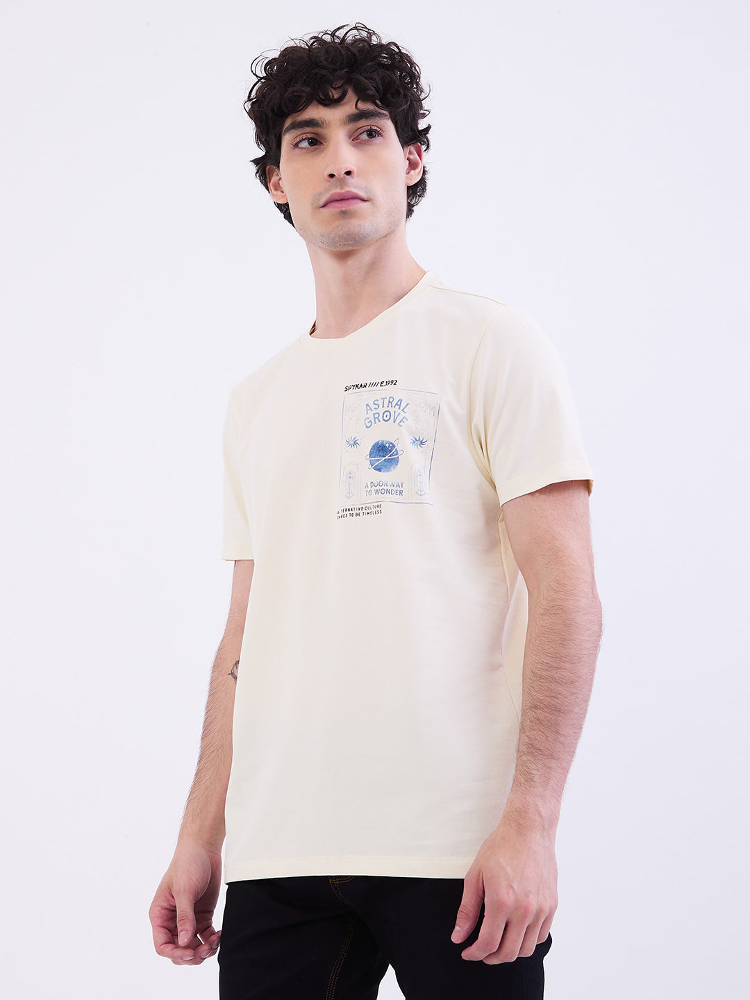 Spykar Off White Slim Fit Casual T-Shirt For Men