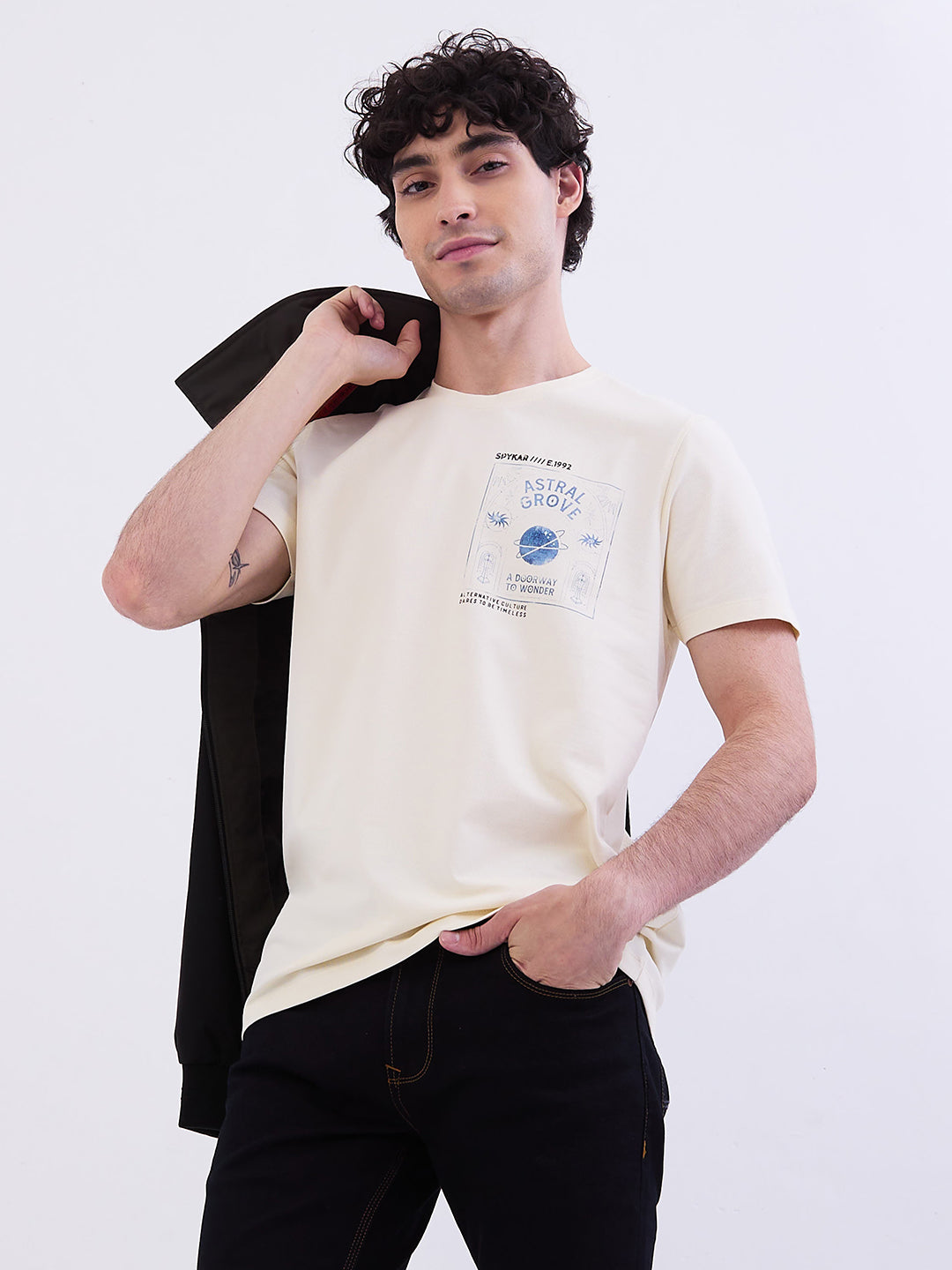 Spykar Off White Slim Fit Casual T-Shirt For Men