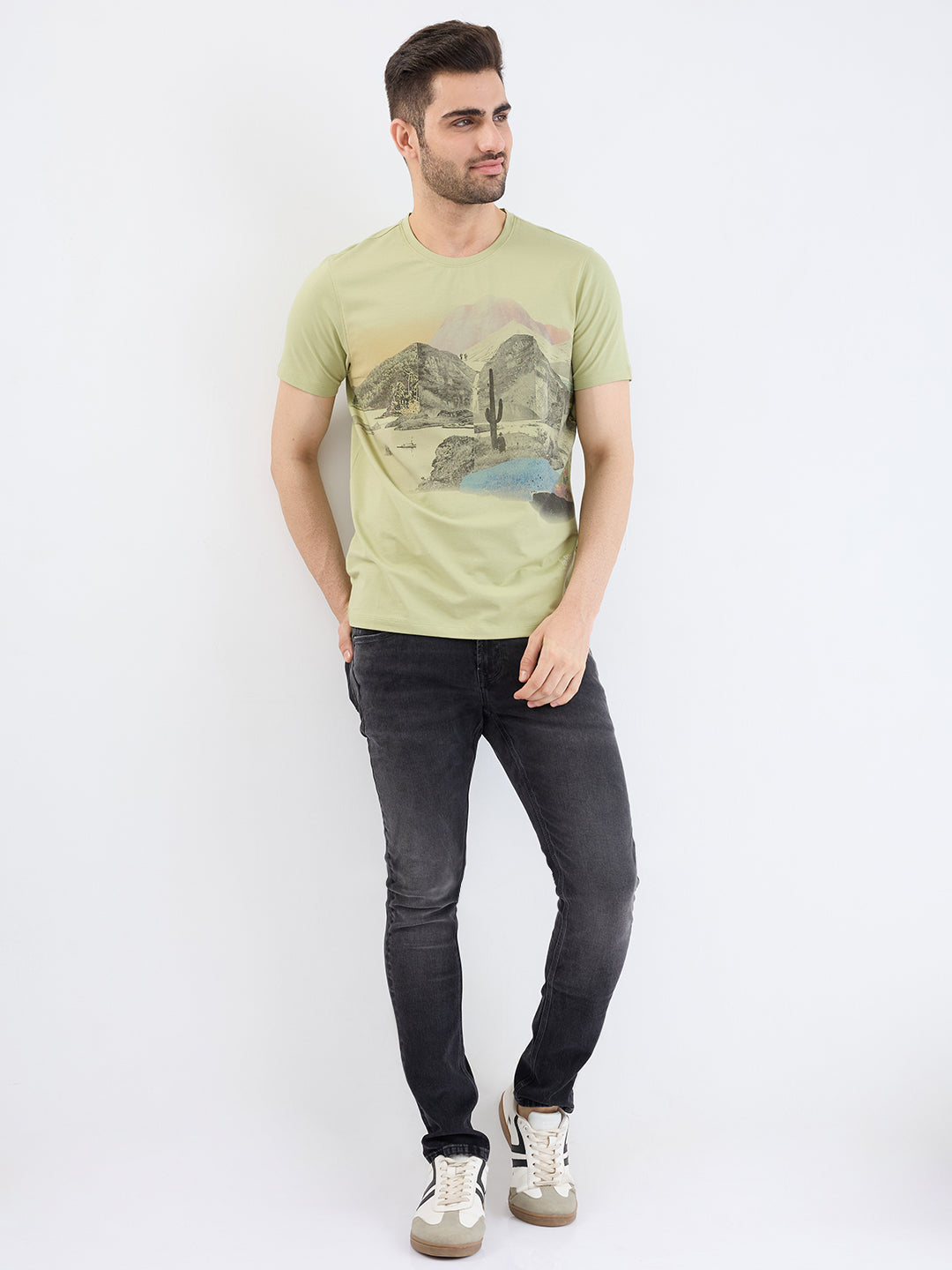Spykar Lint Green Slim Fit Casual T-Shirt For Men