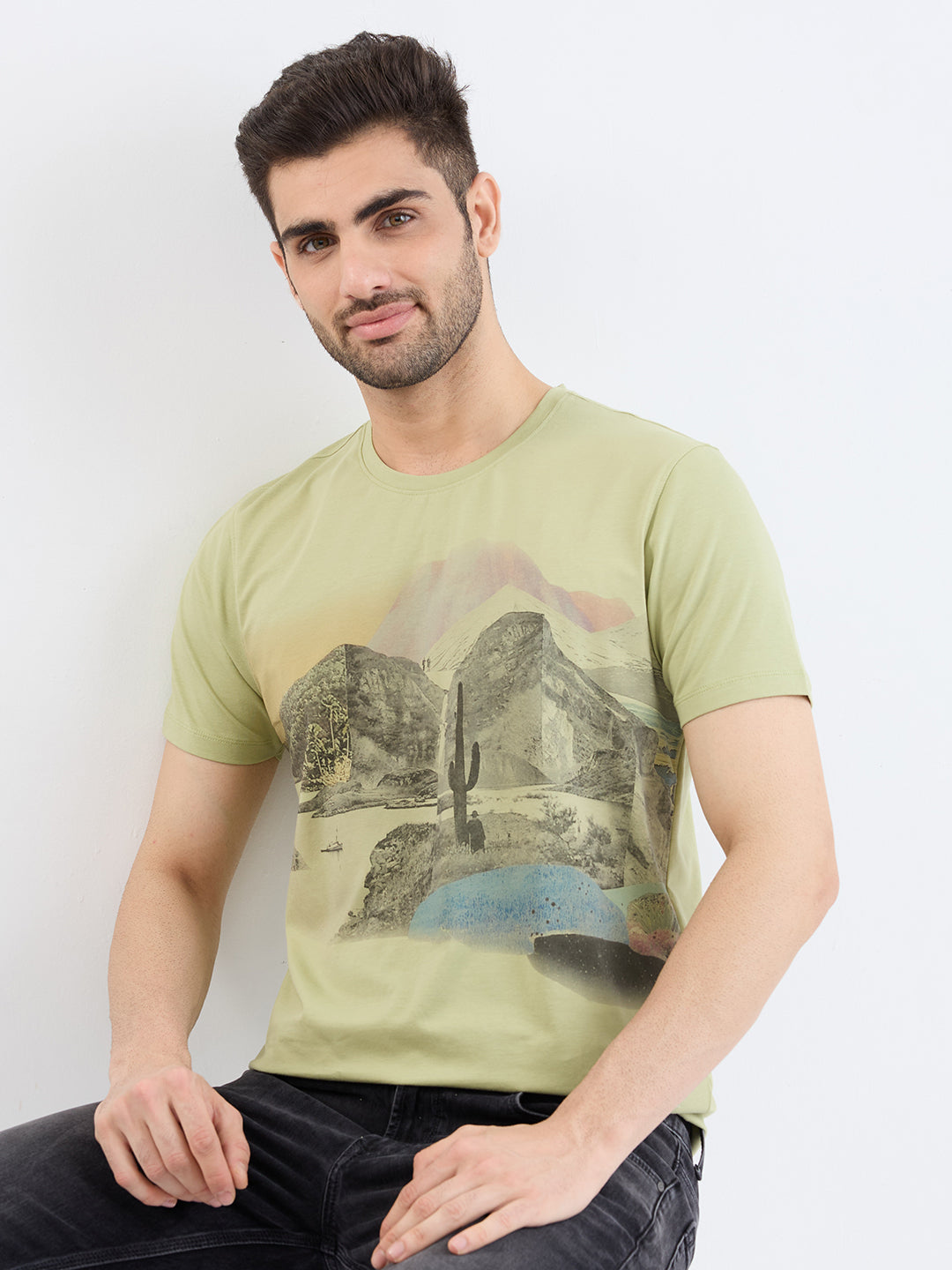 Spykar Lint Green Slim Fit Casual T-Shirt For Men