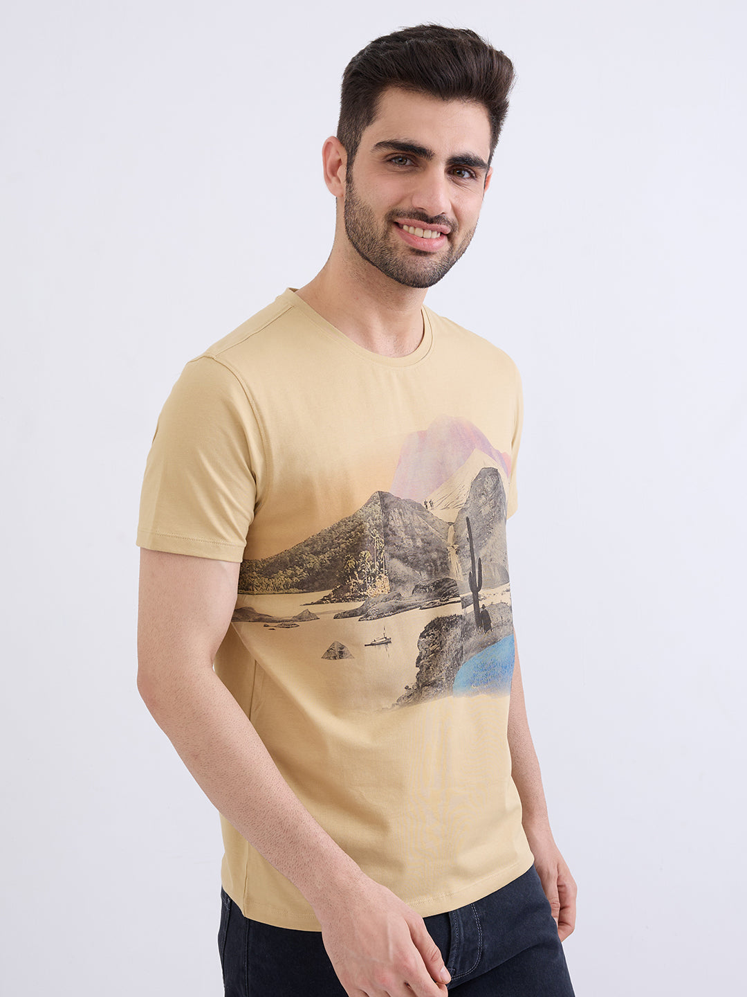 Men T-Shirt Beige Slim Fit